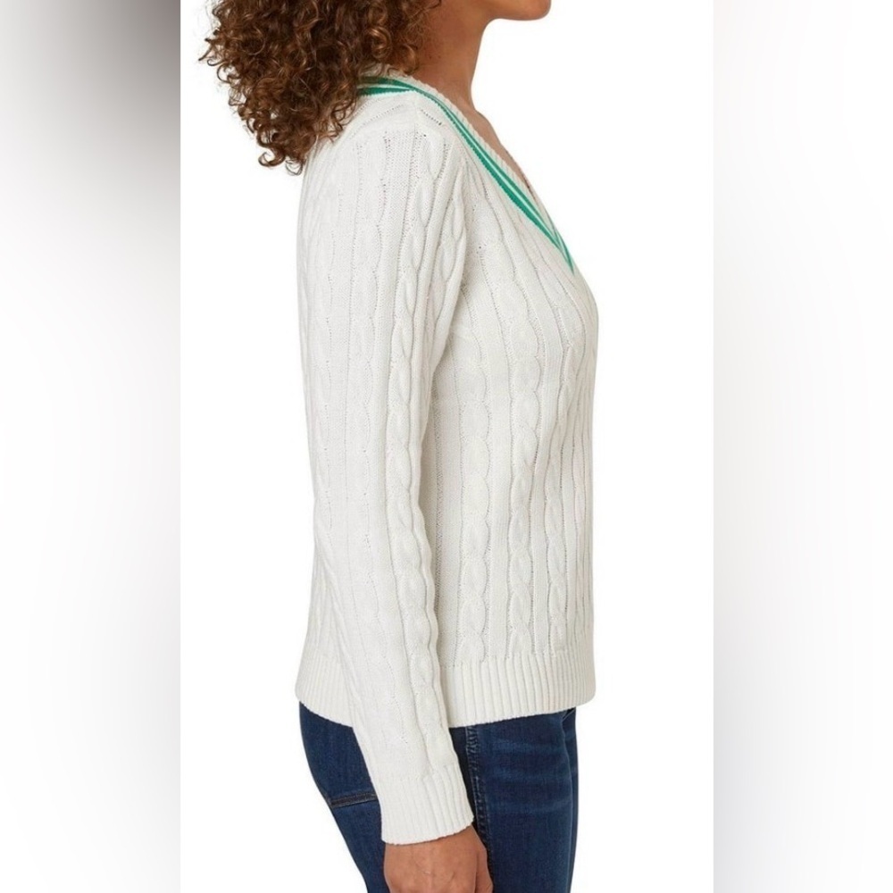 Lands End V Neck Cable Knit Sweater - Picture 4 of 8